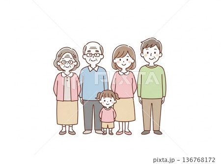 三世代5人家族イラスト|祖父母と両親と子供のファミリー素材 三世代5人家族イラスト|祖父母と両親と子供のファミリー素材 136768172