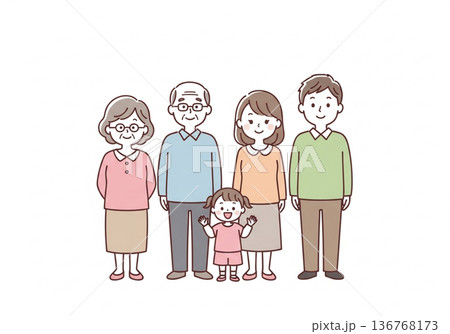 三世代5人家族イラスト｜祖父母と両親と子供のファミリー素材 136768173