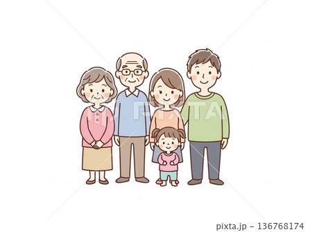 三世代5人家族イラスト｜祖父母と両親と子供のファミリー素材 136768174
