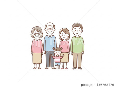 三世代5人家族イラスト|祖父母と両親と子供のファミリー素材 三世代5人家族イラスト|祖父母と両親と子供のファミリー素材 136768176