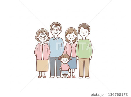 三世代5人家族イラスト|祖父母と両親と子供のファミリー素材 三世代5人家族イラスト|祖父母と両親と子供のファミリー素材 136768178