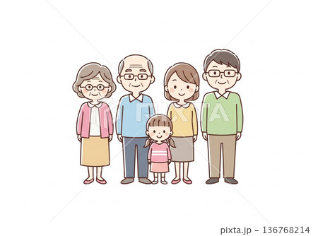 三世代5人家族イラスト｜祖父母と両親と子供のファミリー素材 136768214
