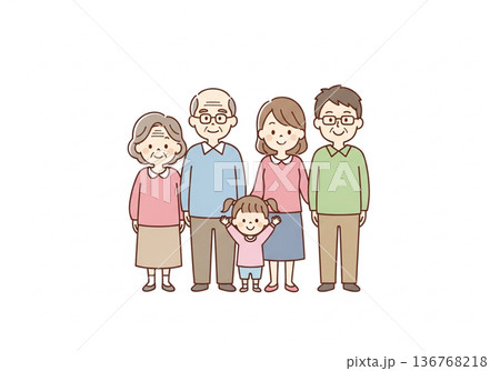 三世代5人家族イラスト|祖父母と両親と子供のファミリー素材 三世代5人家族イラスト|祖父母と両親と子供のファミリー素材 136768218