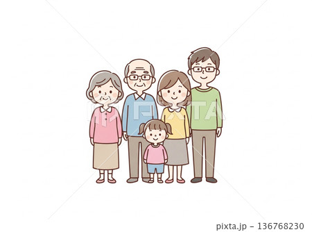 三世代5人家族イラスト|祖父母と両親と子供のファミリー素材 三世代5人家族イラスト|祖父母と両親と子供のファミリー素材 136768230