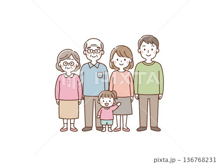三世代5人家族イラスト｜祖父母と両親と子供のファミリー素材 136768231