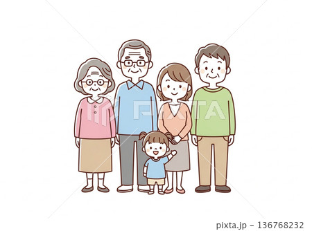 三世代5人家族イラスト｜祖父母と両親と子供のファミリー素材 136768232