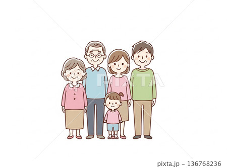 三世代5人家族イラスト｜祖父母と両親と子供のファミリー素材 136768236
