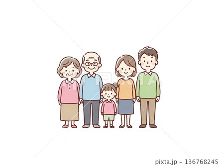 三世代5人家族イラスト|祖父母と両親と子供のファミリー素材 三世代5人家族イラスト|祖父母と両親と子供のファミリー素材 136768245