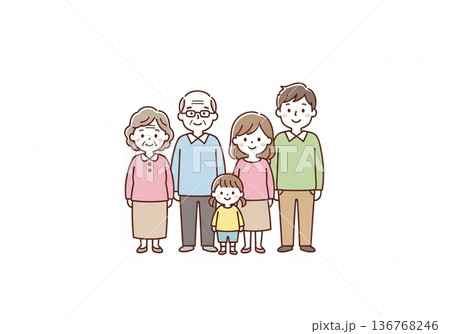 三世代5人家族イラスト｜祖父母と両親と子供のファミリー素材 136768246