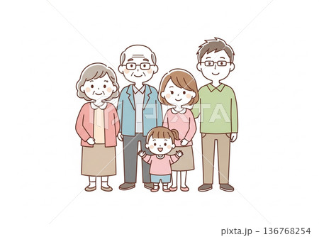 三世代5人家族イラスト｜祖父母と両親と子供のファミリー素材 136768254