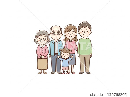 三世代5人家族イラスト｜祖父母と両親と子供のファミリー素材 136768265