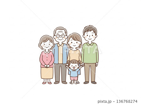 三世代5人家族イラスト｜祖父母と両親と子供のファミリー素材 136768274