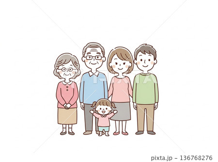 三世代5人家族イラスト｜祖父母と両親と子供のファミリー素材 136768276