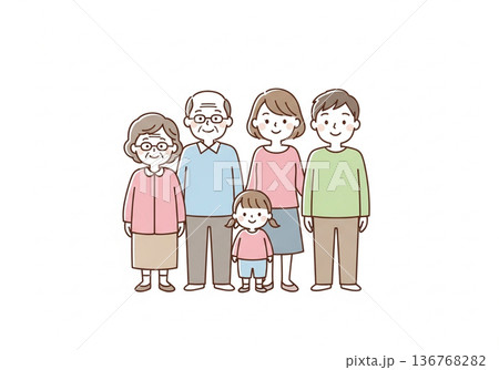 三世代5人家族イラスト｜祖父母と両親と子供のファミリー素材 136768282