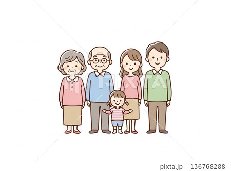 三世代5人家族イラスト｜祖父母と両親と子供のファミリー素材 136768288
