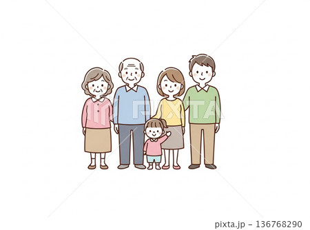 三世代5人家族イラスト｜祖父母と両親と子供のファミリー素材 136768290