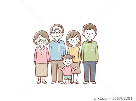 三世代5人家族イラスト｜祖父母と両親と子供のファミリー素材 136768291