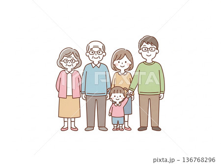 三世代5人家族イラスト|祖父母と両親と子供のファミリー素材 三世代5人家族イラスト|祖父母と両親と子供のファミリー素材 136768296