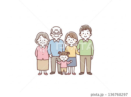 三世代5人家族イラスト｜祖父母と両親と子供のファミリー素材 136768297