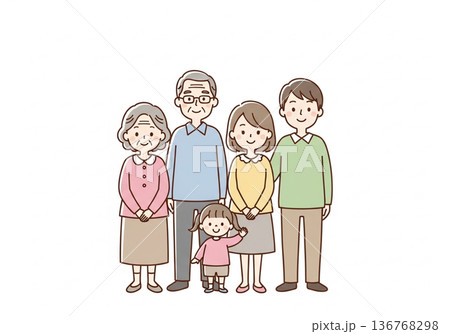 三世代5人家族イラスト｜祖父母と両親と子供のファミリー素材 136768298