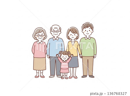 三世代5人家族イラスト｜祖父母と両親と子供のファミリー素材 136768327
