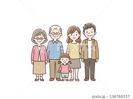 三世代5人家族イラスト｜祖父母と両親と子供のファミリー素材 136768337