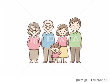 三世代5人家族イラスト|祖父母と両親と子供のファミリー素材 三世代5人家族イラスト|祖父母と両親と子供のファミリー素材 136768338