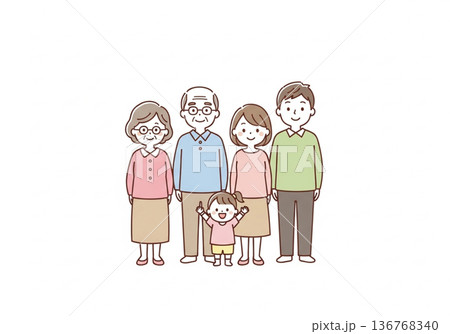 三世代5人家族イラスト｜祖父母と両親と子供のファミリー素材 136768340