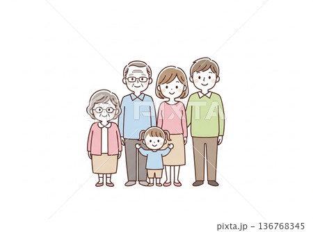 三世代5人家族イラスト|祖父母と両親と子供のファミリー素材 三世代5人家族イラスト|祖父母と両親と子供のファミリー素材 136768345