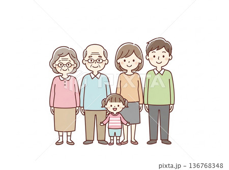三世代5人家族イラスト｜祖父母と両親と子供のファミリー素材 136768348