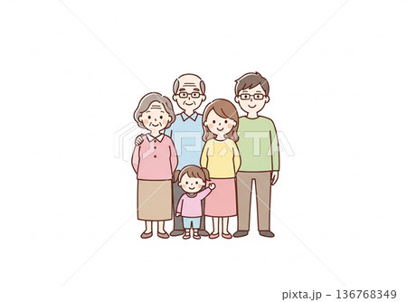 三世代5人家族イラスト｜祖父母と両親と子供のファミリー素材 136768349