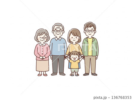三世代5人家族イラスト｜祖父母と両親と子供のファミリー素材 136768353
