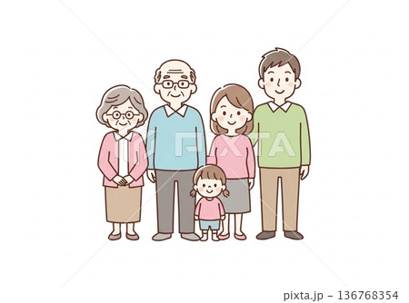 三世代5人家族イラスト｜祖父母と両親と子供のファミリー素材 136768354