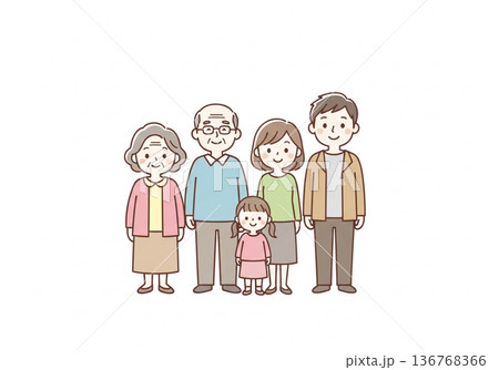 三世代5人家族イラスト｜祖父母と両親と子供のファミリー素材 136768366