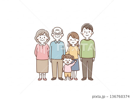 三世代5人家族イラスト|祖父母と両親と子供のファミリー素材 三世代5人家族イラスト|祖父母と両親と子供のファミリー素材 136768374
