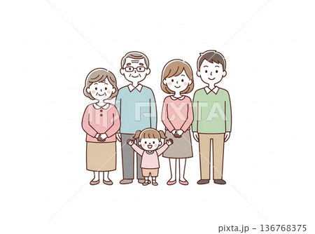 三世代5人家族イラスト｜祖父母と両親と子供のファミリー素材 136768375