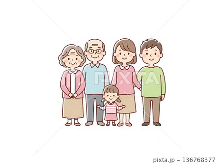 三世代5人家族イラスト｜祖父母と両親と子供のファミリー素材 136768377