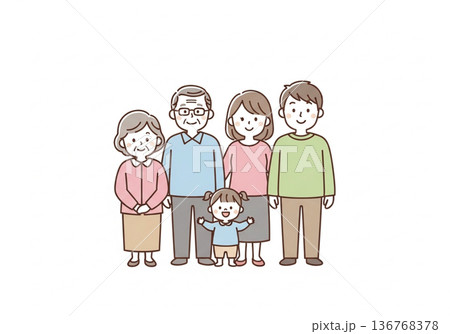 三世代5人家族イラスト｜祖父母と両親と子供のファミリー素材 136768378