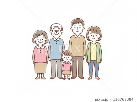 三世代5人家族イラスト|祖父母と両親と子供のファミリー素材 三世代5人家族イラスト|祖父母と両親と子供のファミリー素材 136768394