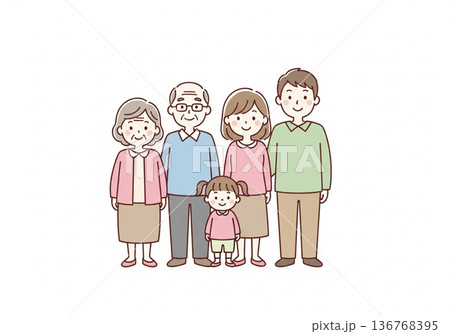 三世代5人家族イラスト｜祖父母と両親と子供のファミリー素材 136768395