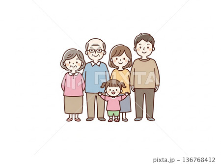 三世代5人家族イラスト|祖父母と両親と子供のファミリー素材 三世代5人家族イラスト|祖父母と両親と子供のファミリー素材 136768412