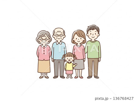 三世代5人家族イラスト|祖父母と両親と子供のファミリー素材 三世代5人家族イラスト|祖父母と両親と子供のファミリー素材 136768427
