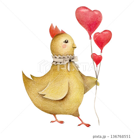 Chick with three heart-shaped balloons. Celebrating a third birthday. Card for birthdays, Mother's Day, and Valentine's Day. Hand-drawn watercolor illustration on a white background Chick with three heart-shaped balloons. Celebrating a third birthday. Card for birthdays, Mother's Day, and Valentine's Day. Hand-drawn watercolor illustration on a white background 136768551