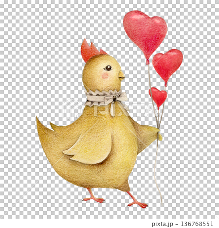 Chick with three heart-shaped balloons. Celebrating a third birthday. Card for birthdays, Mother's Day, and Valentine's Day. Hand-drawn watercolor illustration on a white background Chick with three heart-shaped balloons. Celebrating a third birthday. Card for birthdays, Mother's Day, and Valentine's Day. Hand-drawn watercolor illustration on a white background 136768551