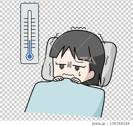 Illustration of a girl who can't sleep because of the cold 136768584