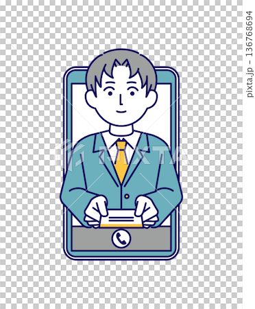 オンラインで名刺交換をする男性ビジネスマンのイラスト素材 オンラインで名刺交換をする男性ビジネスマンのイラスト素材 136768694