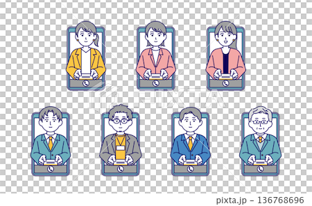 Illustration material of male and female businessmen exchanging business cards online Illustration material of male and female businessmen exchanging business cards online 136768696