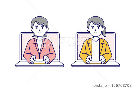 パソコンのオンラインで名刺交換をする女性ビジネスマンのイラスト素材 136768702