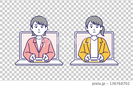 パソコンのオンラインで名刺交換をする女性ビジネスマンのイラスト素材 136768702