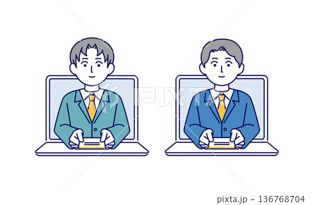 パソコンのオンラインで名刺交換をする男性ビジネスマンのイラスト素材 136768704